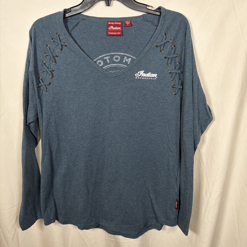 Indian Motorcycle Womens Teal Large Lace Up V‎ Neck Top Blue Long Sleeve
